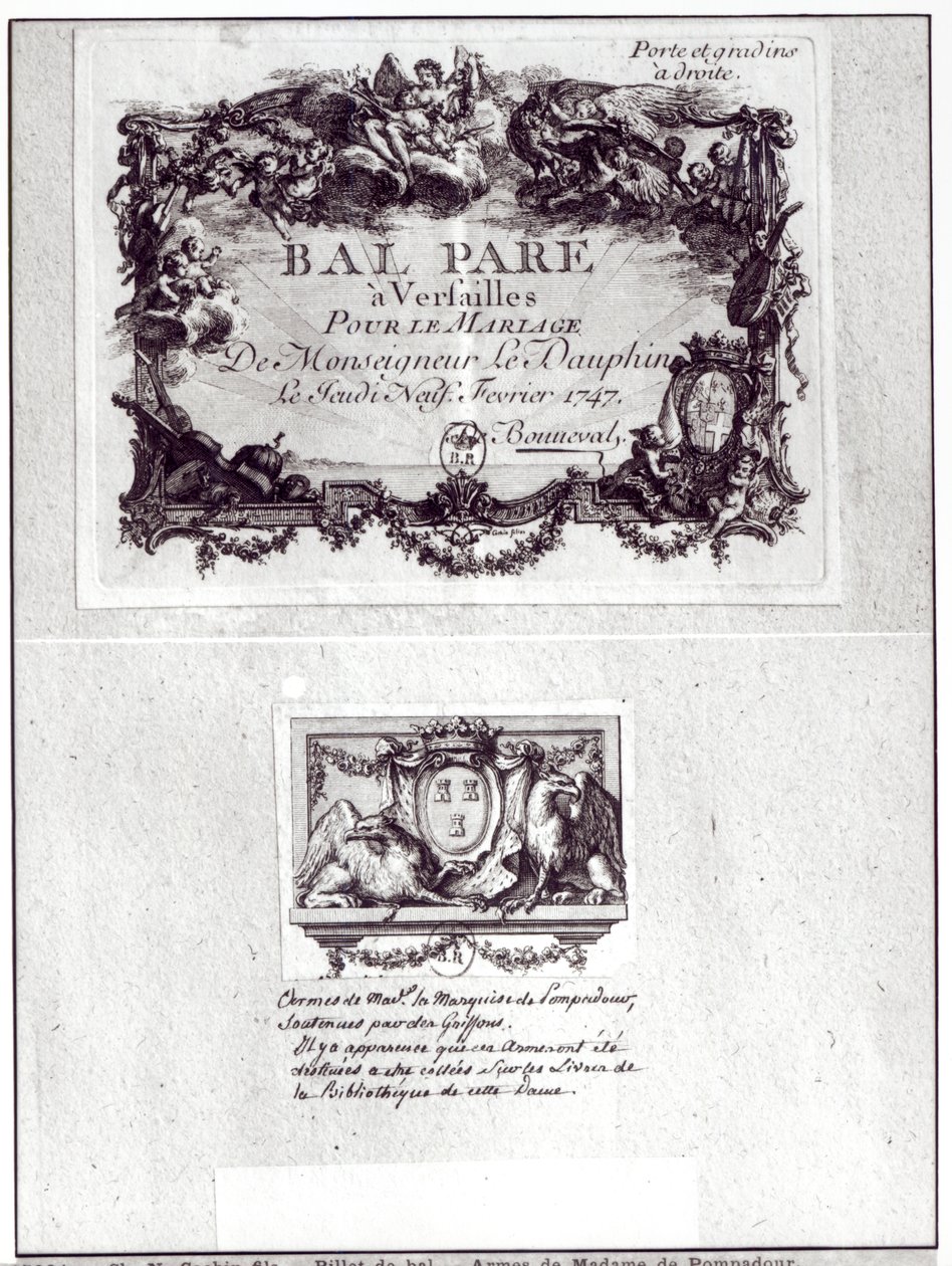 تذكرة دخول الكرة في فرساي لحفل زفاف Monseigneur le Dauphin ، 9 فبراير 1747 و Ex Libris بأذرع مدام دي بومبادور (1721-64) بواسطة تشارلز نيكولاس الثاني كوتشين