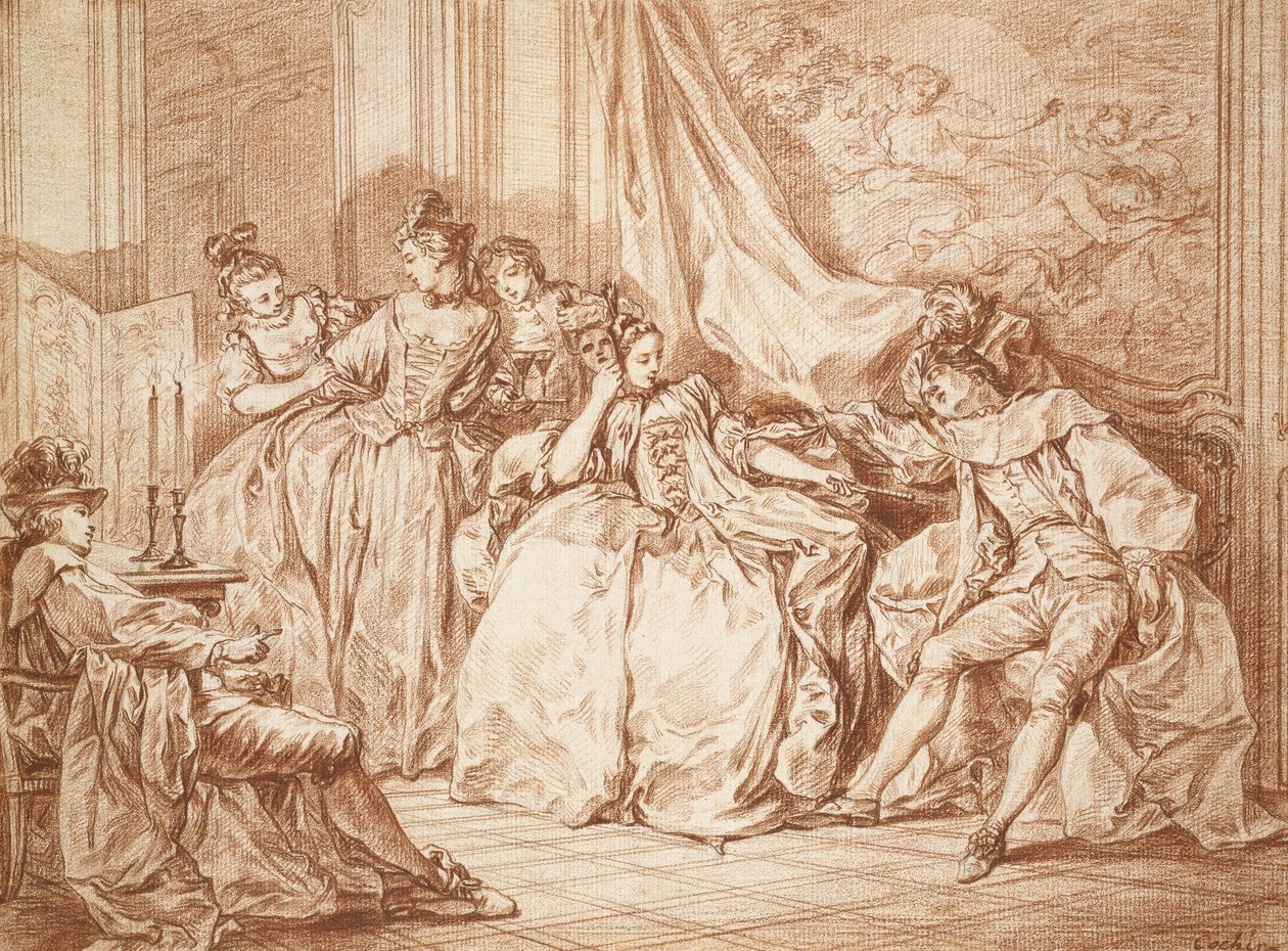 Party of Revelers (الجرافيت مع الطباشير الأحمر على ورق أبيض ، محاط بالحبر الأسود) بواسطة تشارلز نيكولاس الثاني كوتشين