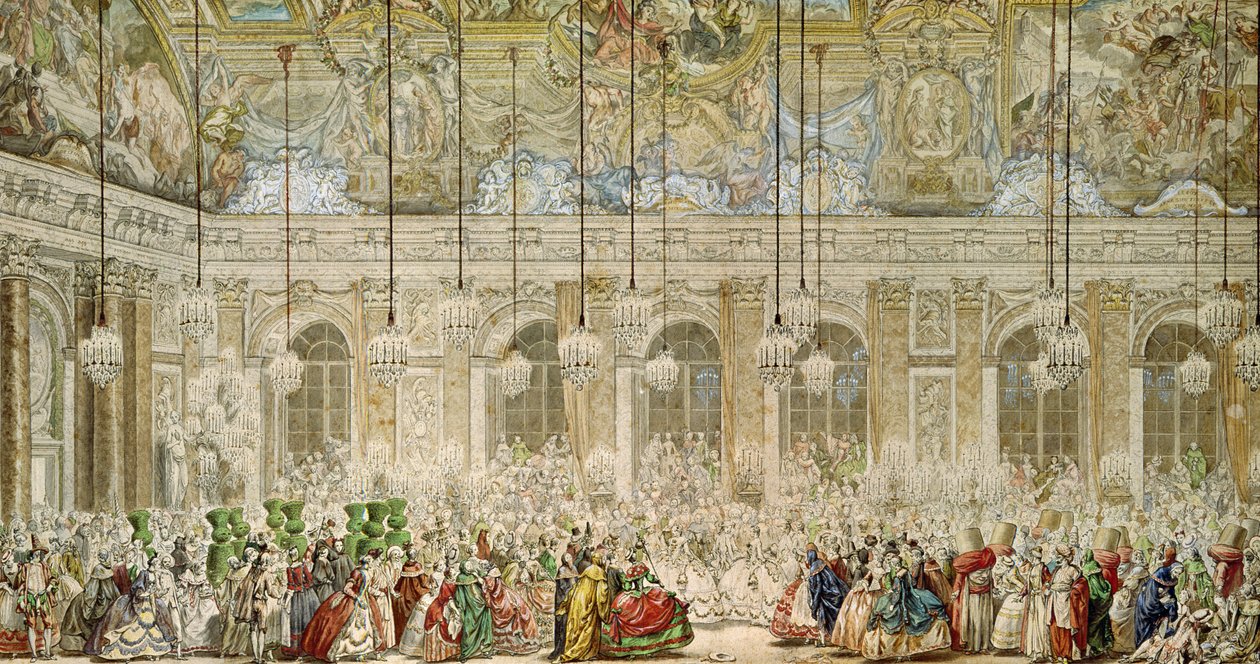 الكرة الملثمة في غاليري دي غلاس ، 17 فبراير 1745 (قلم وحبر ومرحاض على ورق) بواسطة تشارلز نيكولاس الثاني كوتشين