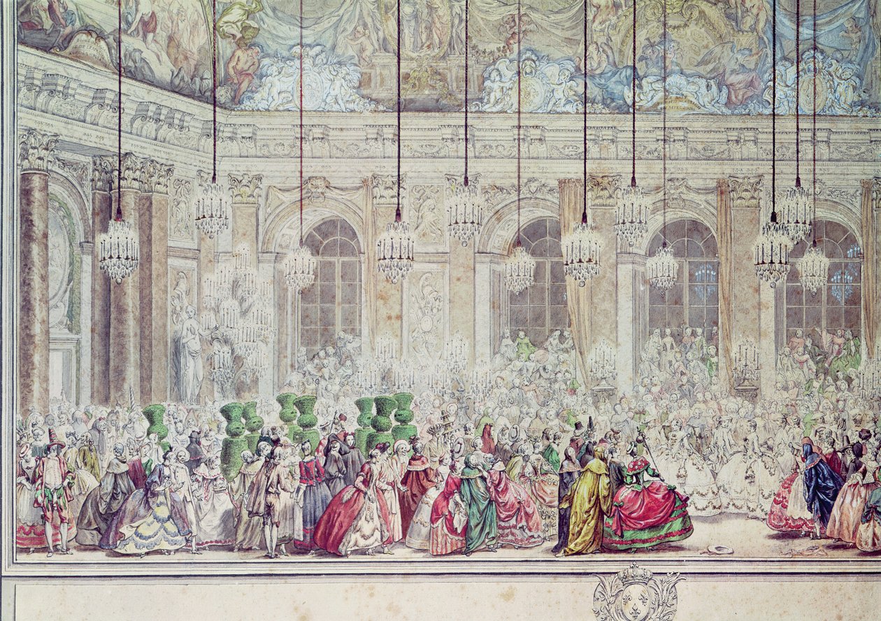 الكرة المقنعة في Galerie des Glaces بمناسبة زواج Dauphin من Marie-Therese ، 17 فبراير 1745 (قلم و حبر ومرحاض على ورق) (التفاصيل) بواسطة تشارلز نيكولاس الثاني كوتشين