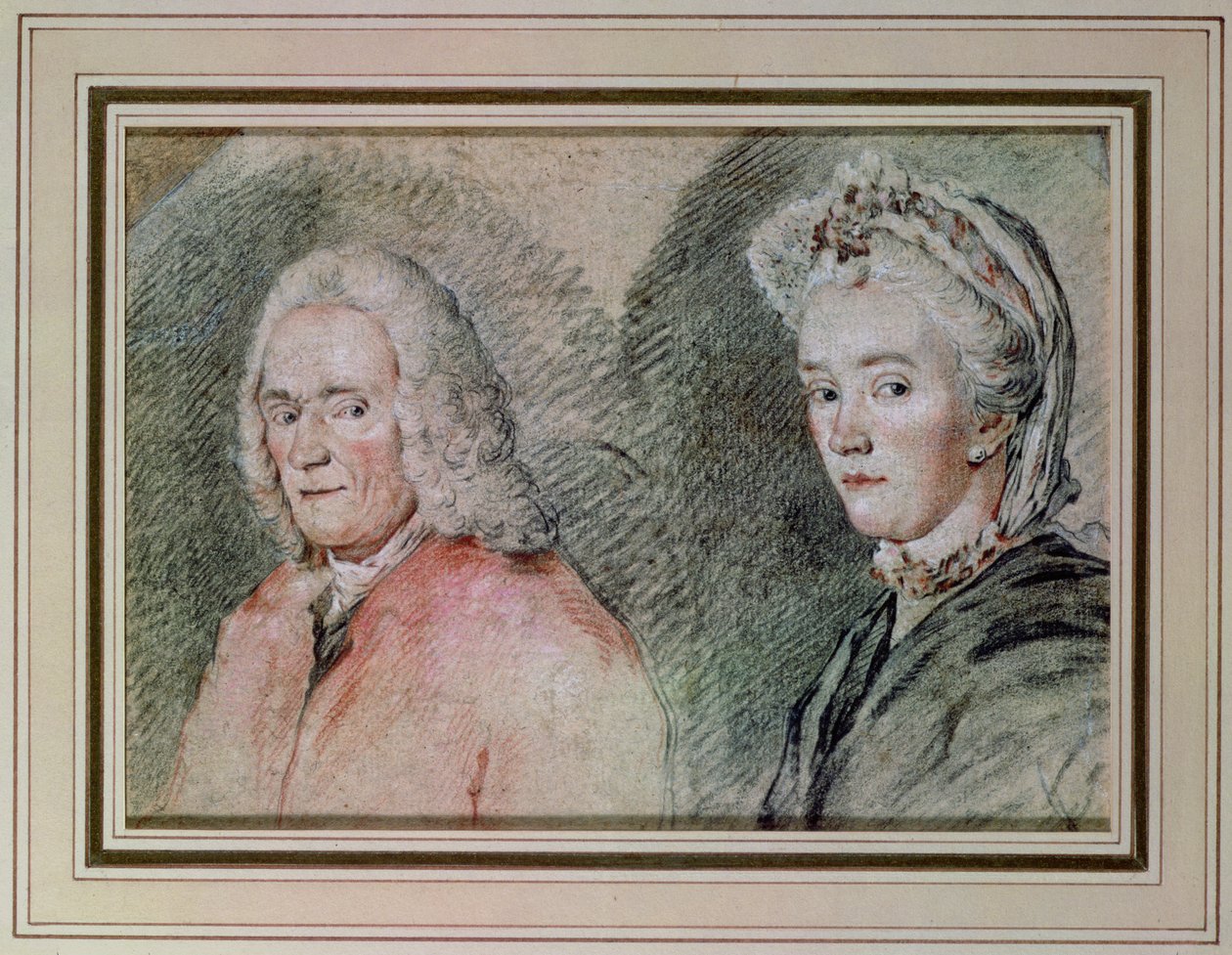 فولتير (فرانسوا ماري أرويت دي فولتير 1694-1778) ومدام دينيس (ماري لويز مينوت دينيس 1712-90) ، c.1758-70 (قلم رصاص على ورق) بواسطة تشارلز نيكولاس الثاني كوتشين