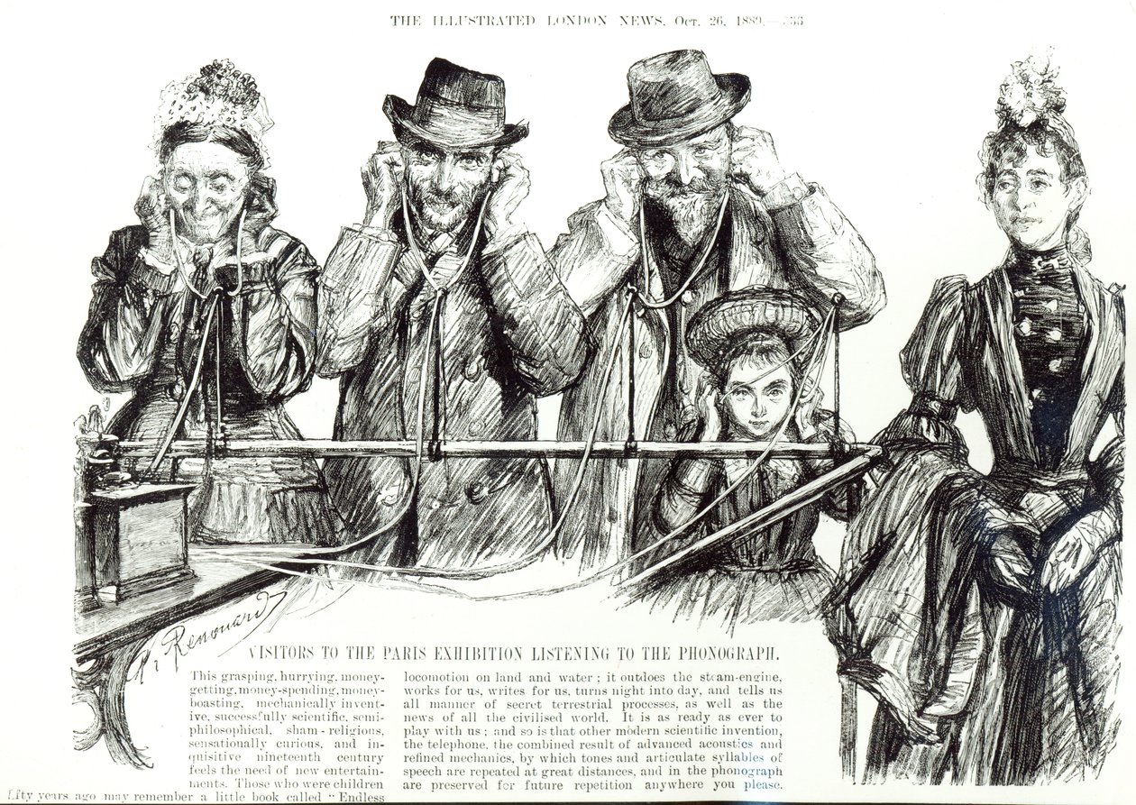زوار معرض باريس يستمعون إلى الفونوغراف من "أخبار لندن المصورة" ، 26 أكتوبر 1889 (صور من وزن الجسم) بواسطة شارل بول رينوارد