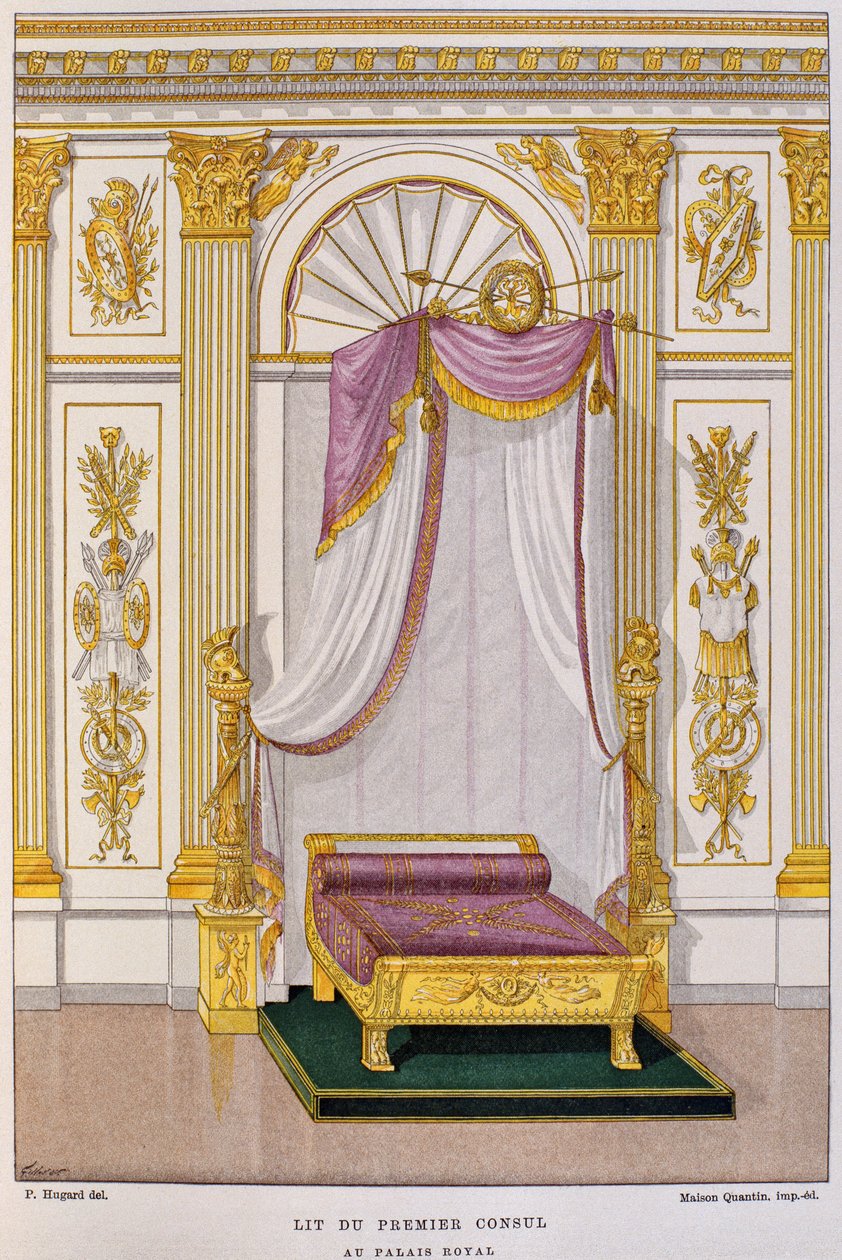 سرير نابليون الأول بونابرت (1769-1821) القنصل الأول في القصر الملكي ، توضيح من "Dictionnaire de d&39;ameublement et de la decoration" بقلم هنري هافارد ، المجلد 3 ، اللوحة 28 ، باريس ، Maison Q بواسطة تشارلز بيرسييه