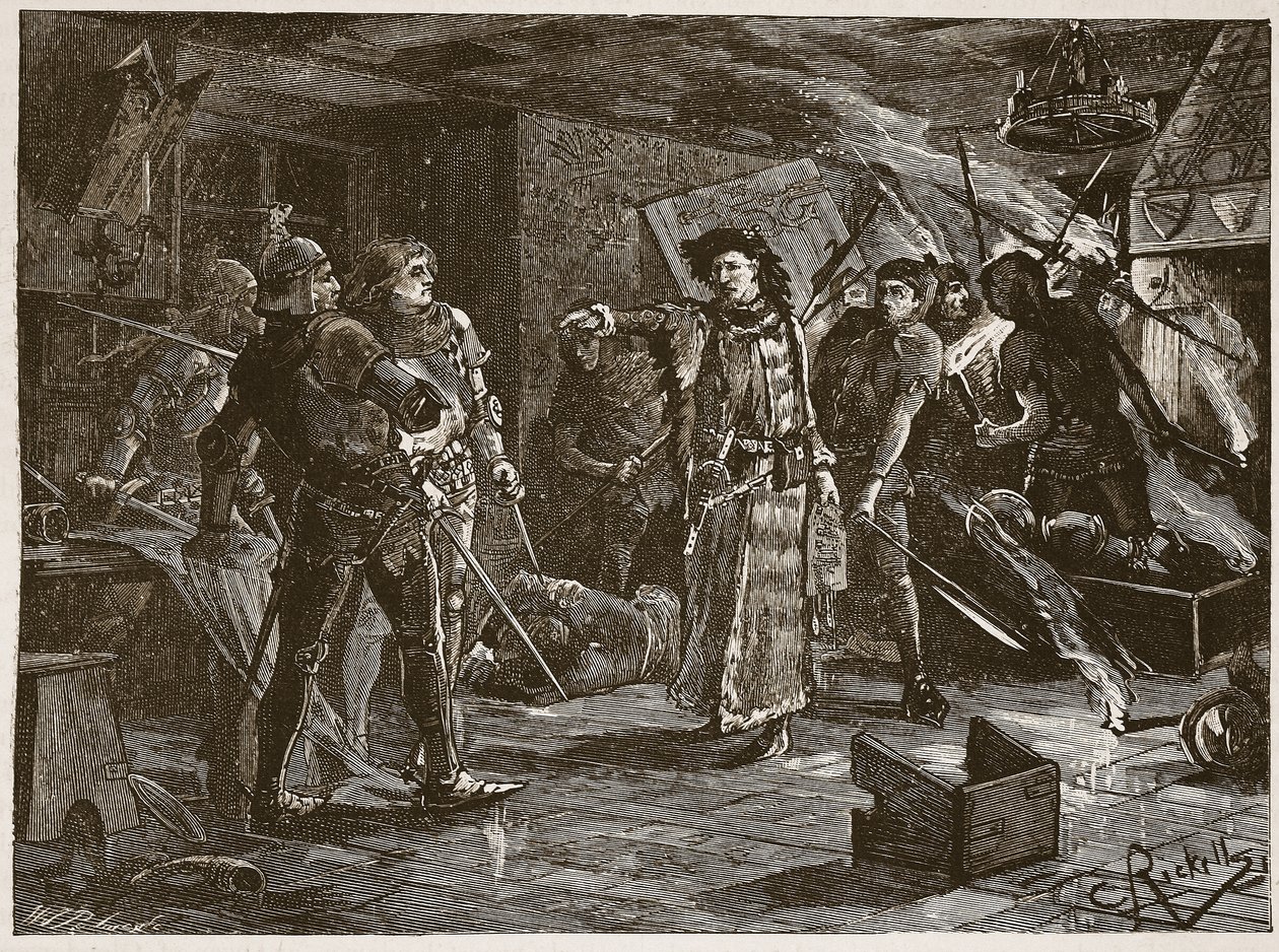القبض على المتآمرين في Cirencester ، رسم توضيحي من "تاريخ إنجلترا المصور لـ Cassell" (صورة بني داكن) بواسطة تشارلز ريكيتس