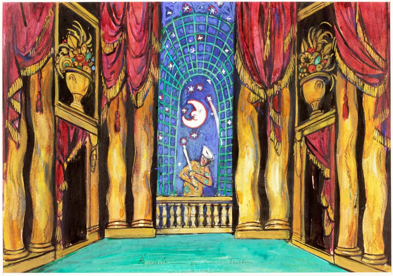 Pagliacci ، إعداد المسرح لمسرح المحكمة (لون الجسم والفحم على الورق (لصق على البطاقة)) بواسطة تشارلز ريكيتس