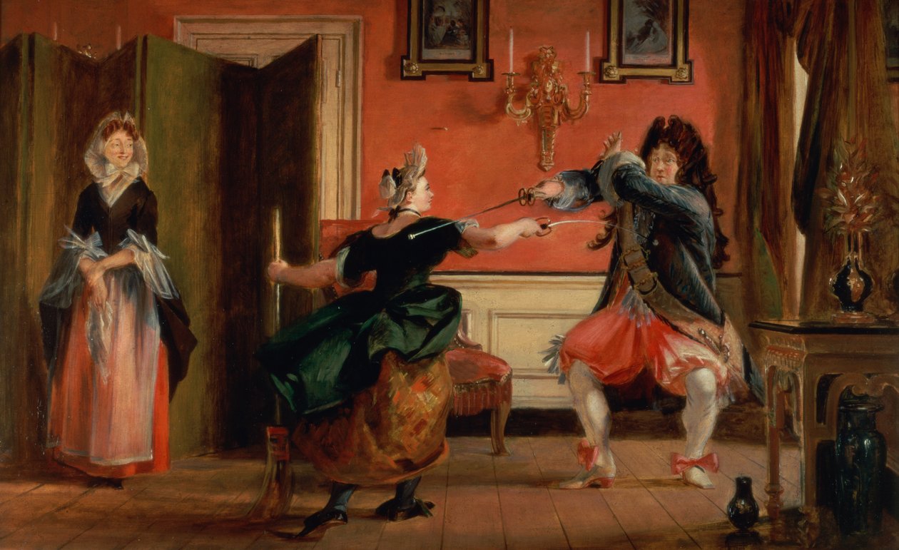 Jourdain تسيء خادمة نيكول مع زوجته تبحث. مشهد من "Le Bourgeois Gentilhomme" ، الفصل الثالث ، المشهد 3 بواسطة تشارلز روبرت ليزلي