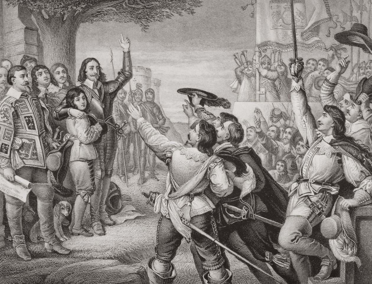 تشارلز الأول (1600-49) يقيم معياره في نوتنغهام في المشهد الافتتاحي للحرب الأهلية الكبرى في 25 أغسطس 1642 ، من "الرسوم التوضيحية الإنجليزية والتاريخ الاسكتلندي" المجلد الأول بواسطة تشارلز ويست كوب