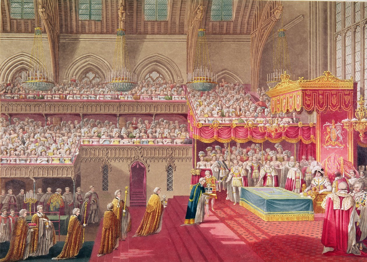 موكب عميد وملاحين ويستمنستر يحمل ريجاليا ، من ألبوم يحتفل بتتويج الملك جورج الرابع (1762-1830) 19 يوليو 1821 ، منقوش بواسطة ماثيو دوبورج (fl.1786- بواسطة تشارلز وايلد