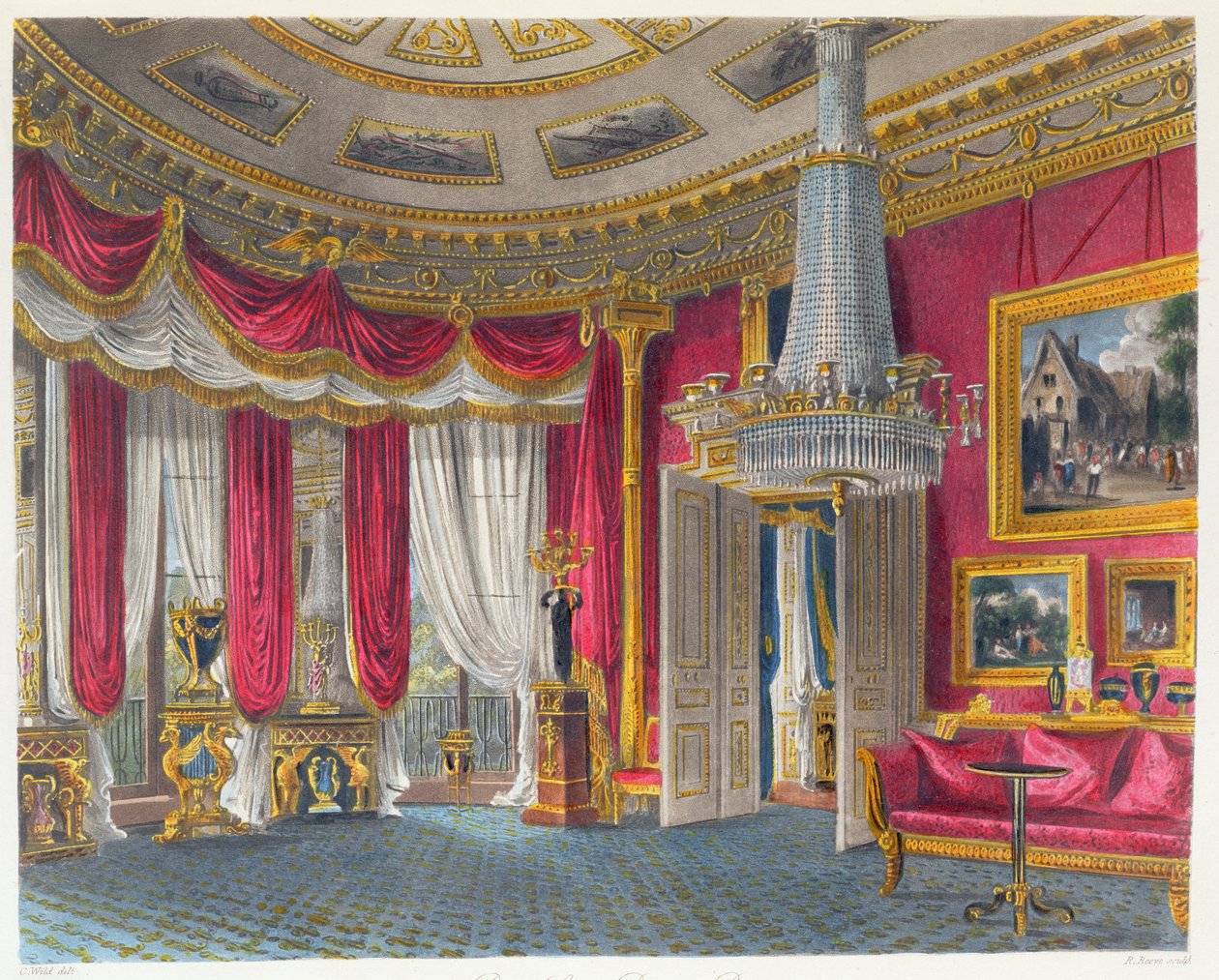 غرفة رسم Rose Satin ، كارلتون هاوس ، تطل على الجنوب الغربي ، منقوشة بقلم R. Reeve (fl.1811-37) ، من "تاريخ المساكن الملكية" بقلم ويليام هنري باين (1769-1843) ، حانة. 1819 (أكواتينت) بواسطة تشارلز وايلد