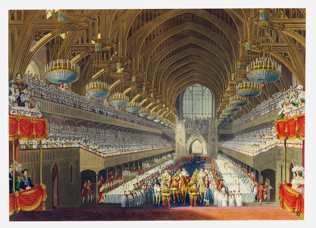 المأدبة الملكية ، الدورة الأولى ، من ألبوم يحتفل بتتويج الملك جورج الرابع (1762-1830) 19 يوليو 1821 ، منقوش بواسطة ويليام جيمس بينيت (1787-1844) تم نشره عام 1824 بواسطة تشارلز وايلد