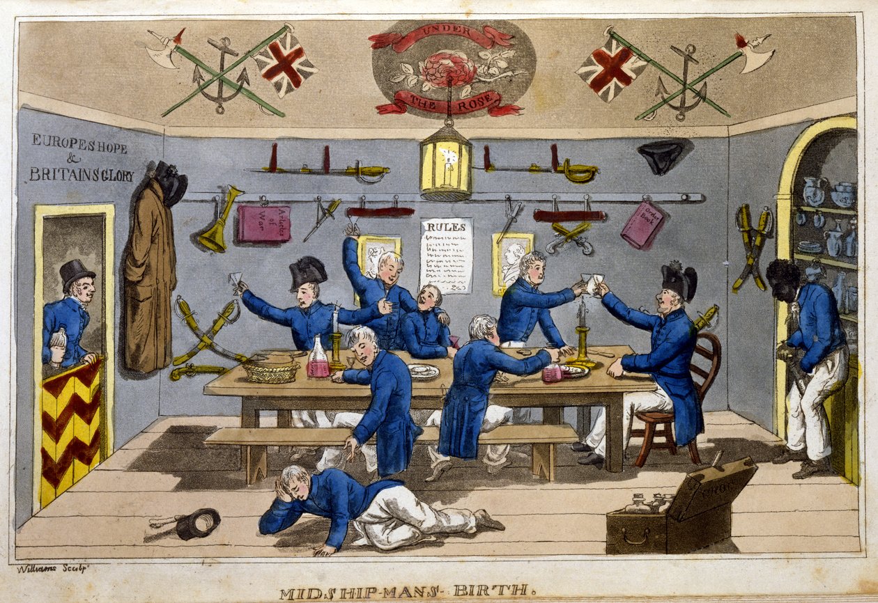 رصيف الضابط ، لوحة من "مغامرات جوني نيوميك في البحرية" لجون ميتفورد ، 1818 (ألوان مائية يدوية) بواسطة تشارلز ويليامز