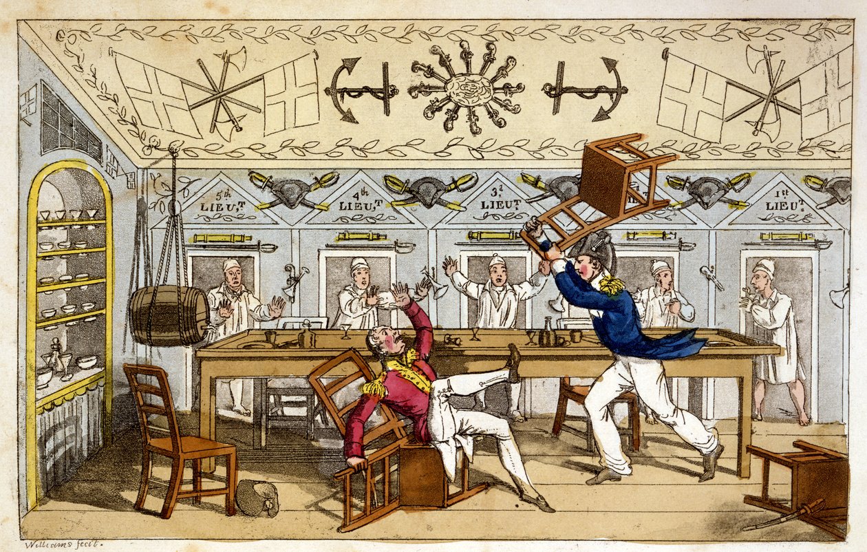 The Ward Room: Newcome and Capt. Clackett ، من "The Adventures of Johnny Newcome in the Navy" بقلم جون ميتفورد ، 1818 (ألوان مائية يدوية) بواسطة تشارلز ويليامز
