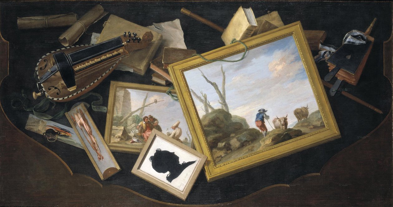طاولة مخفوقة مع لوحات وأعمال يدوية وكتب وأشياء أخرى من trompe l'oeil بواسطة تشارلز جوزيف فليبارت