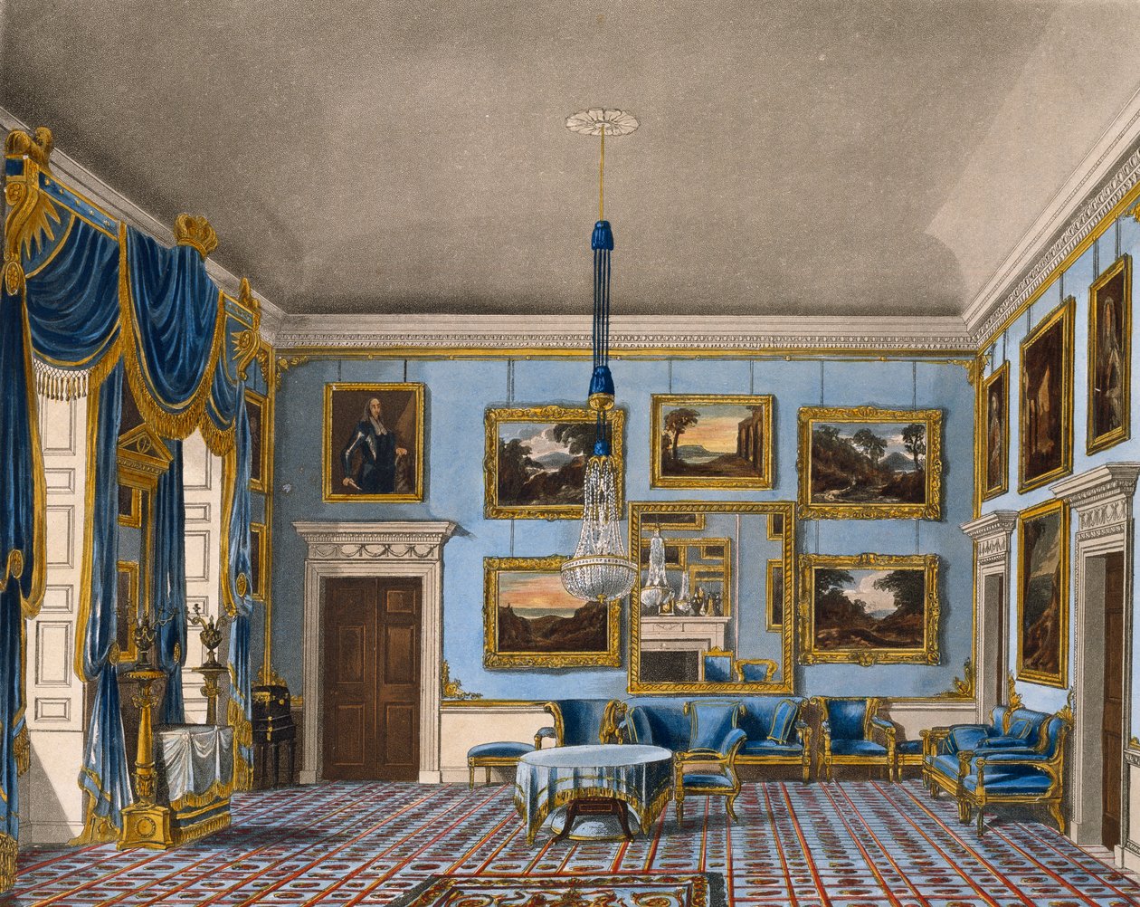 القاعة الزرقاء المخملية ، نقش دانيال هافيل (1785-1826) ، بناءً على تصميم تشارلز وايلد (1781-1835) ، من تاريخ المساكن الملكية بواسطة تشارلز (بعد) وايلد