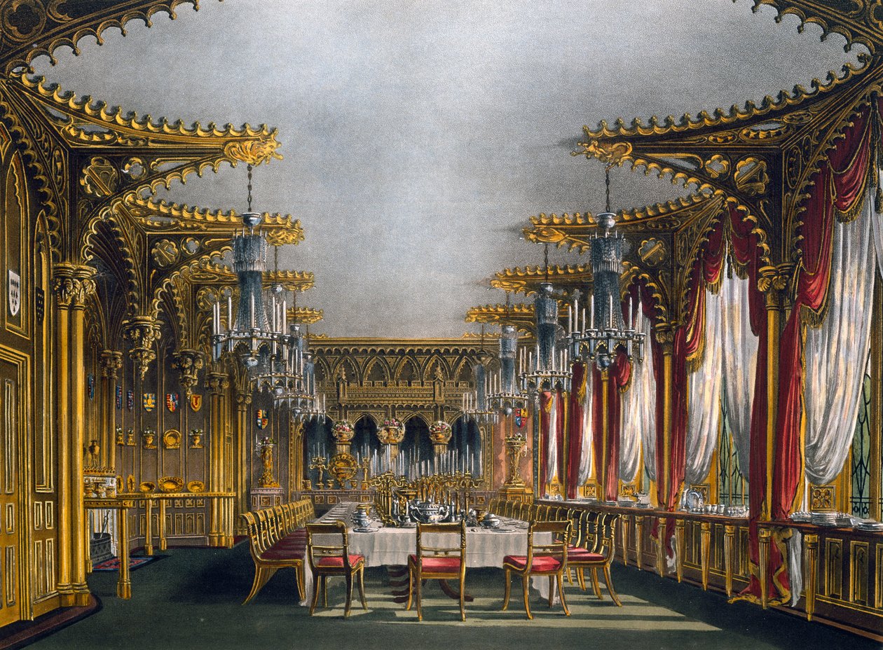 غرفة طعام قوطية ، نقش لتوماس ساذرلاند (1785-1838) ، بناءً على تصميم تشارلز وايلد (1781-1835) ، من تاريخ المساكن الملكية بواسطة تشارلز (بعد) وايلد
