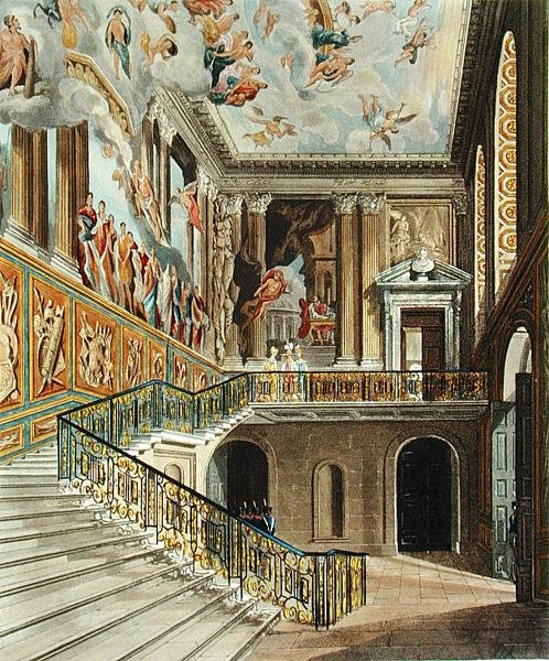 The Great Staircase at Hampton Court Palace من Pyne's Royal Residences محفور بواسطة Richard Reeve (مواليد 1780) نُشر عام 1819 (نقش) بواسطة تشارلز (بعد) وايلد
