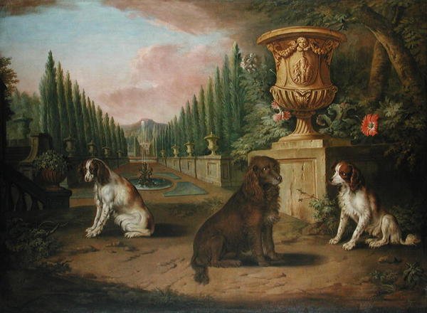 ثلاثة أسبان في حديقة رسمية ، حوالي عام 1730 (زيت على قماش) بواسطة تشارلز (وستوديو) كولينز