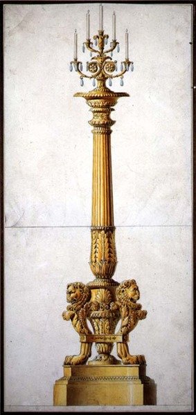 تصميم الشمعدانات الكلاسيكية الجديدة ، حوالي 1820 (قلم وحبر مع ألوان مائية على ورق) بواسطة تشارلز (أتر. إلى) بيرسيير