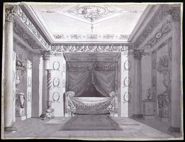 تصميم لغرفة نوم إمبراطورية ، حوالي 1810 (قلم وحبر وألوان مائية على ورق) بواسطة تشارلز (أتر. إلى) بيرسيير