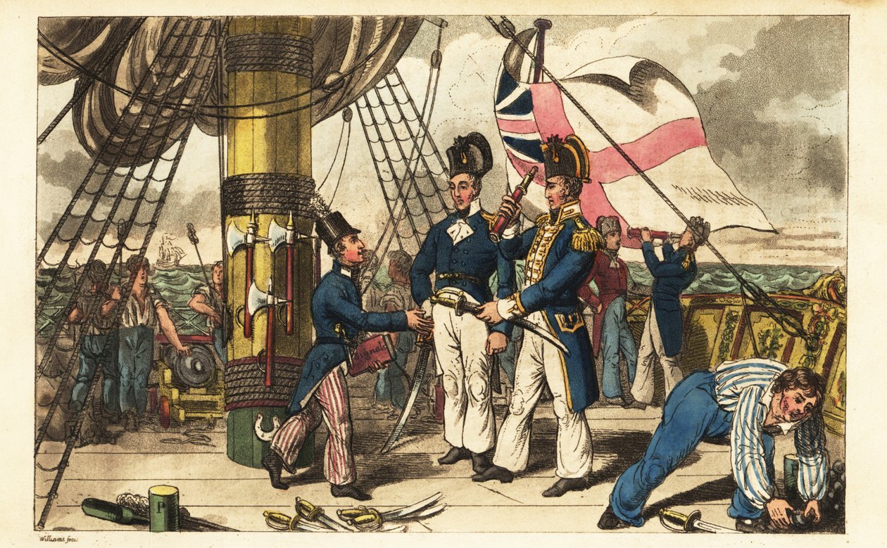 يجعل الكابتن سبرينغ Midshipman Newcome مساعده في المعسكر ويمنحه سيفه على ربع سطح السفينة HMS Victory بواسطة تشارلز (1797-1850) (بعد) ويليامز