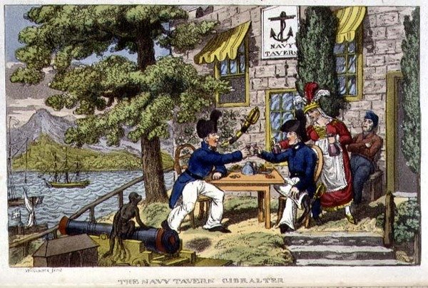 The Navy Tavern ، Gibraltar ، لوحة من "مغامرات جوني نيوكوم في البحرية" لجون ميتفورد (1782-1831) 1818 (ليتو) بواسطة تشارلز (1797-1850) (بعد) ويليامز