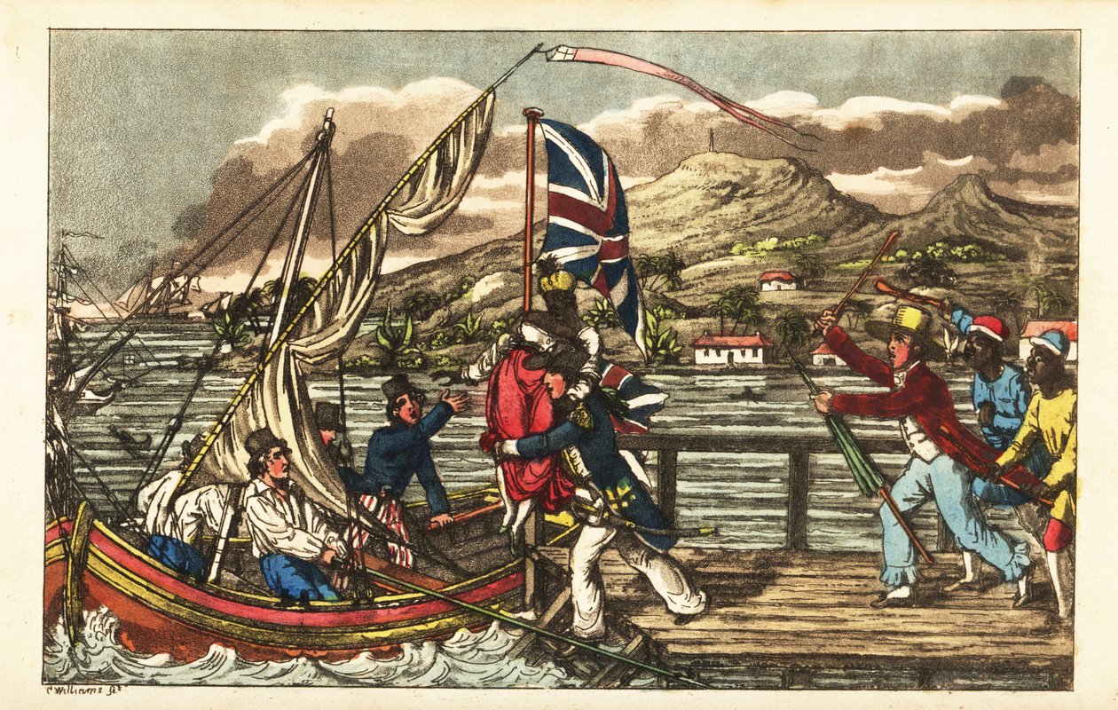 English Navy officer kidnapping an enslaved woman on Barbados Pier, pursued by her owner husband and plantation workers بواسطة تشارلز (1797-1850) (بعد) ويليامز