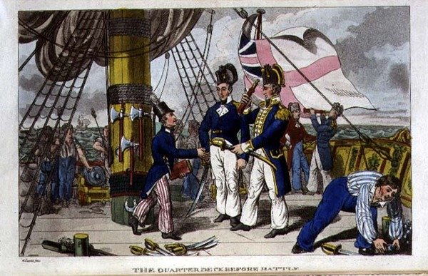 سطح السفينة قبل المعركة ، لوحة من "مغامرات جوني نيوكوم في البحرية" لجون ميتفورد (1782-1831) 1818 (ليثو) بواسطة تشارلز (1797-1850) (بعد) ويليامز