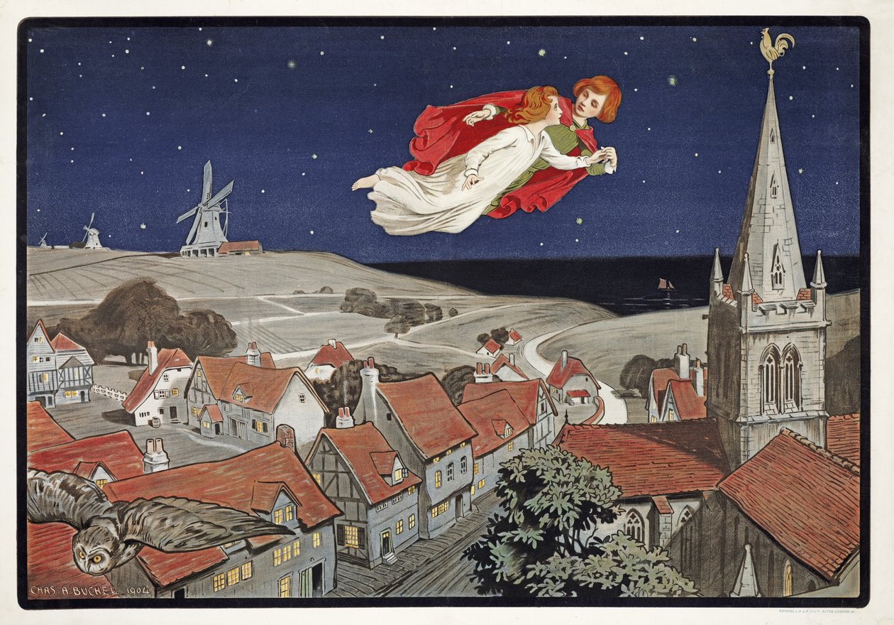 Peter and Wendy Flying from Peter Pan by J M Barrie (1860-1937)، pub 1904 (color litho) بواسطة تشارلز أ.بوشيل