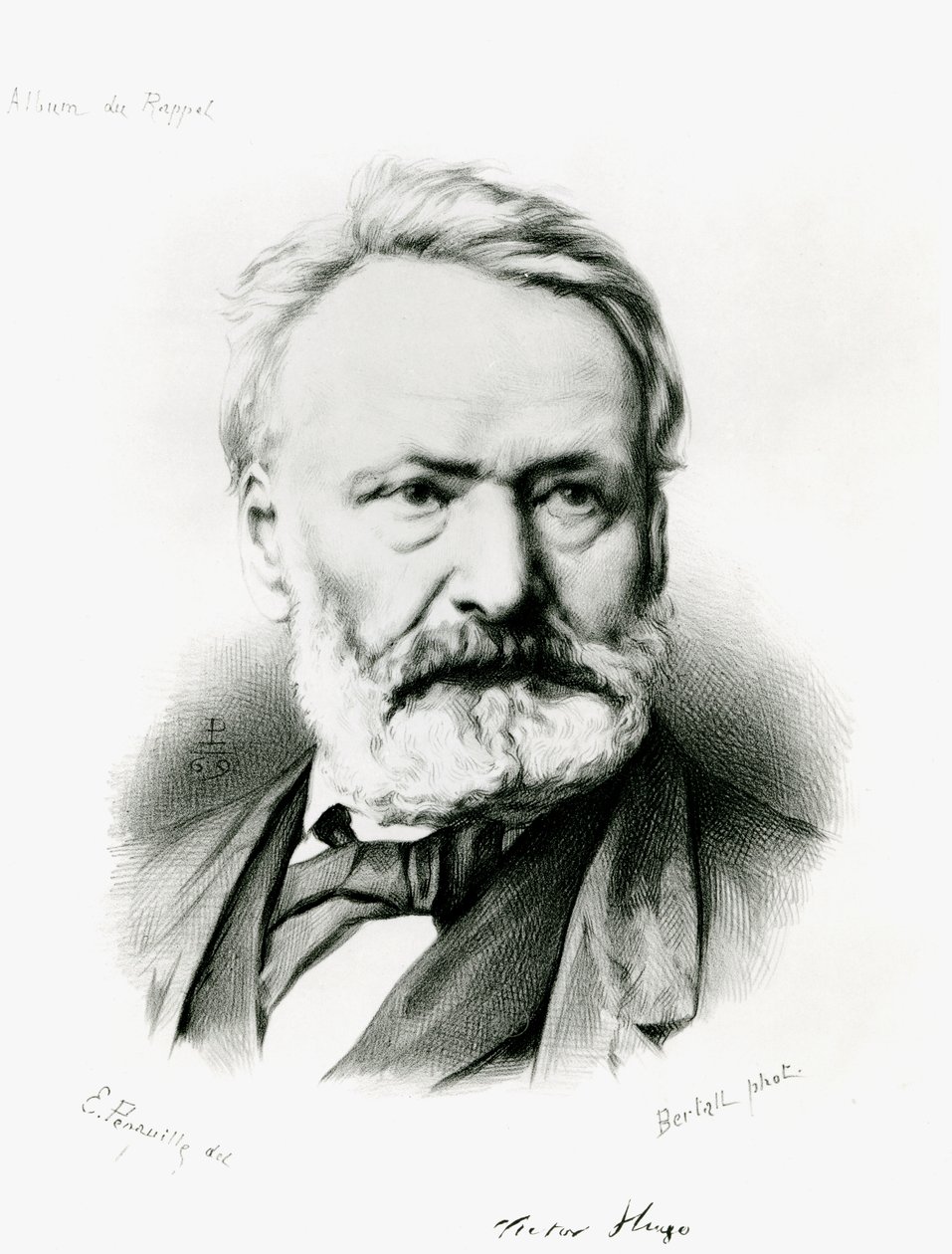 صورة لفيكتور هوغو (1802-1885) من "ألبوم دو رابيل" ، منقوش من صورة فوتوغرافية ل Edme Penauille (ت 1871) 1869 بواسطة تشارلز ألبرت د أرنو برتال