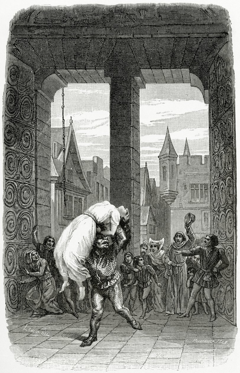 Quasimodo ينقذ Esmeralda من الإعدام - صورة توضيحية من Notre Dame de Paris ، القرن التاسع عشر (النقش بالأبيض والأسود) بواسطة تشارلز الكسندر ليسويور
