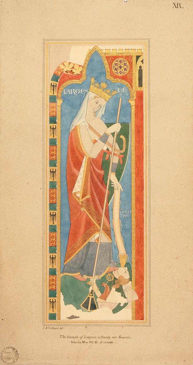 The Virtues Largesce and Debonerete (Largesce) 1819 (ألوان مائية مع تفاصيل مذهبة بارزة على الورق) بواسطة تشارلز ألفريد ستوتارد