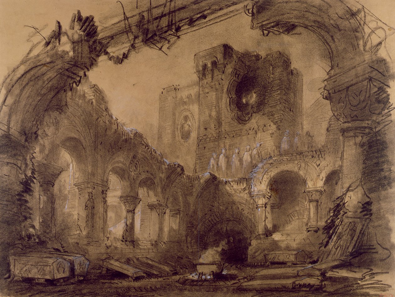 أطلال ، تصميم مناظر طبيعية لأداء "Macbeth" من قبل جوزيبي فيردي (1813-1901) في مسرح Lyrique ، Chatelet ، باريس ، 1865 (فحم وطباشير أبيض على ورق) بواسطة تشارلز أنطوان كامبون