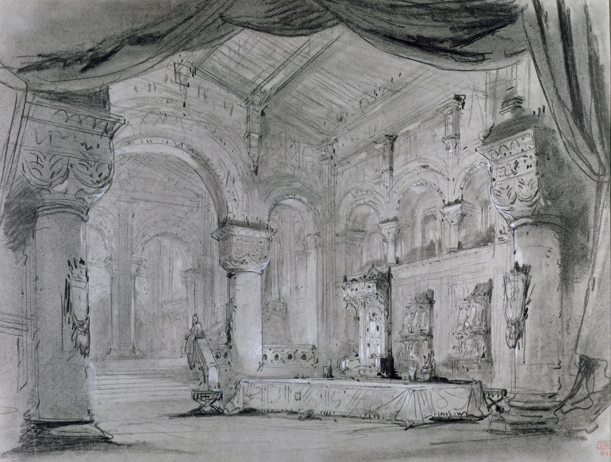 تعيين تصميم القصر الداخلي لأداء أوبرا "Macbeth" من قبل جوزيبي فيردي (1813-1901) في مسرح Lyrique ، Chatelet ، 1865 (فحم أبيض وأبيض طباشير على ورق) بواسطة تشارلز أنطوان كامبون