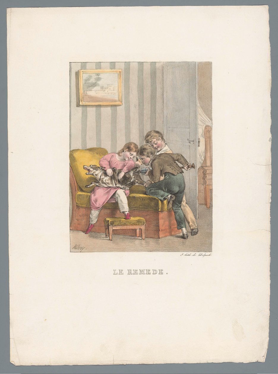 ثلاثة أطفال يعطون كلبًا حقنة Le remède (العنوان على الكائن) مسرحية ومشاعر الطفل (عنوان المسلسل) Les jeux de l
