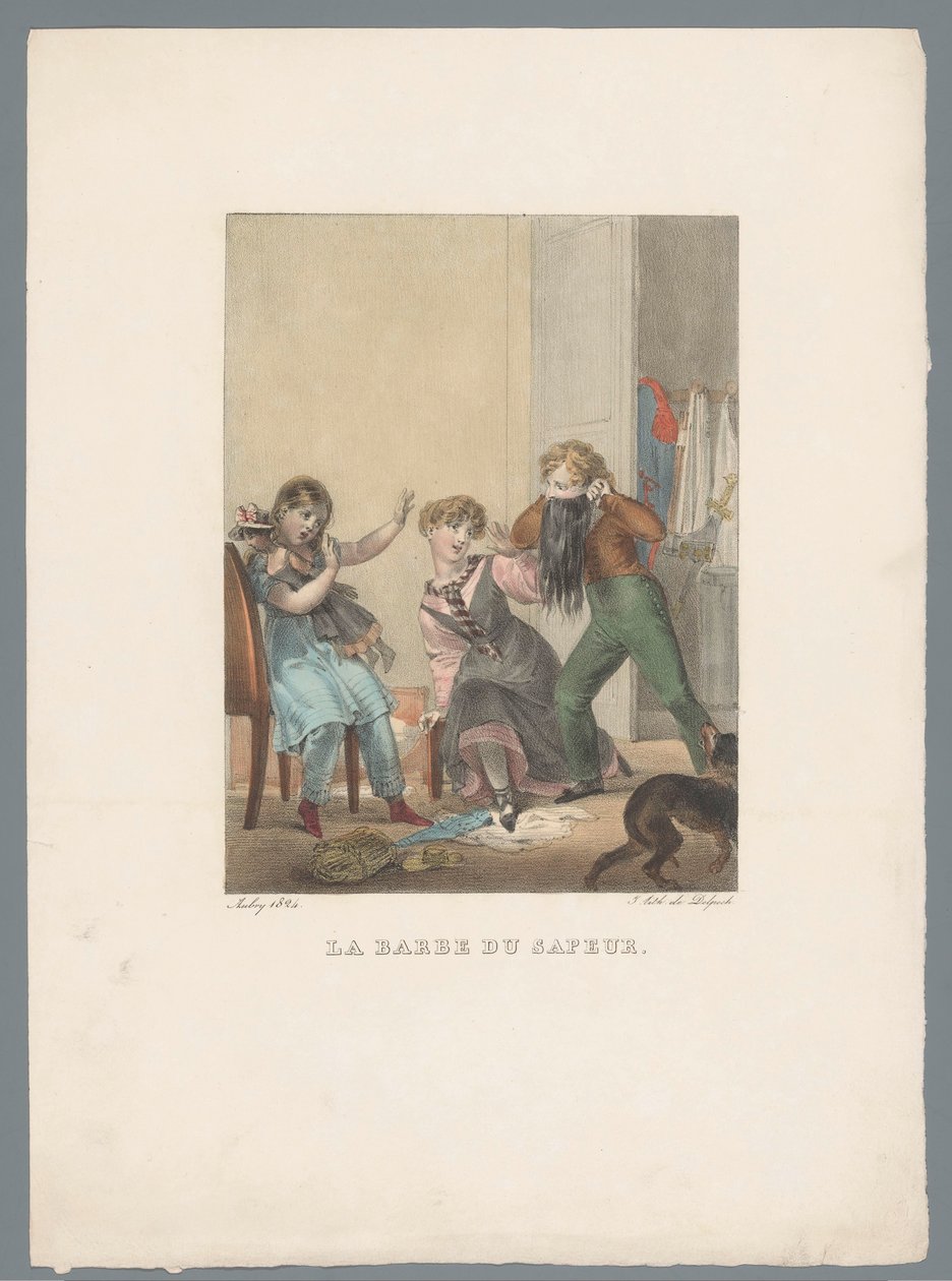 صبي يخيف فتاتين بلحية اصطناعية La barbe du sapeur (العنوان على الكائن) مسرحية ومشاعر الطفل (عنوان المسلسل) Les jeux de l