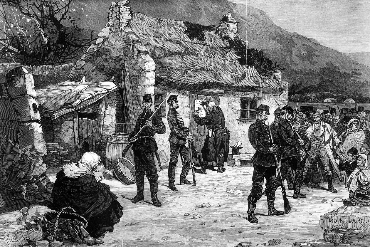 إخلاء مزارع أيرلندي من قبل الشرطة الإنجليزية ، مطبوعة من إعداد F. Moller ، من "Le Monde Illustré" ، 1880 بواسطة تشارلز أوغست لويي