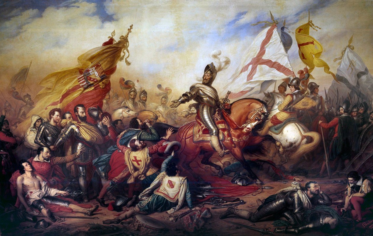 حروب الدين (1562-1598): "" الملك هنري الرابع ملك فرنسا (1553-1610) في معركة إيفري في 14/3/1590 "انتصر الجيش الملكي على جيش الرابطة الكاثوليكية. تفاصيل اللوحة التي رسمها شارل دي ستوبين (1788-1856) من القرن التاسع عشر. 4،2x8،1 م - وا بواسطة تشارلز أوغست ستوبين
