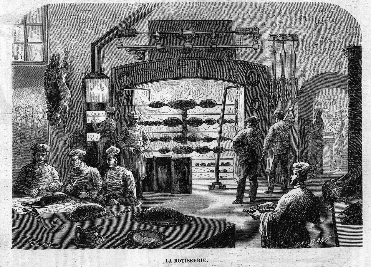 La Rotisserie des Cuisine du Palais des Tuileries ، في عام 1864. نقش من قبل F. Lix و Barbant من رسم لمولين. بواسطة تشارلز باربانت