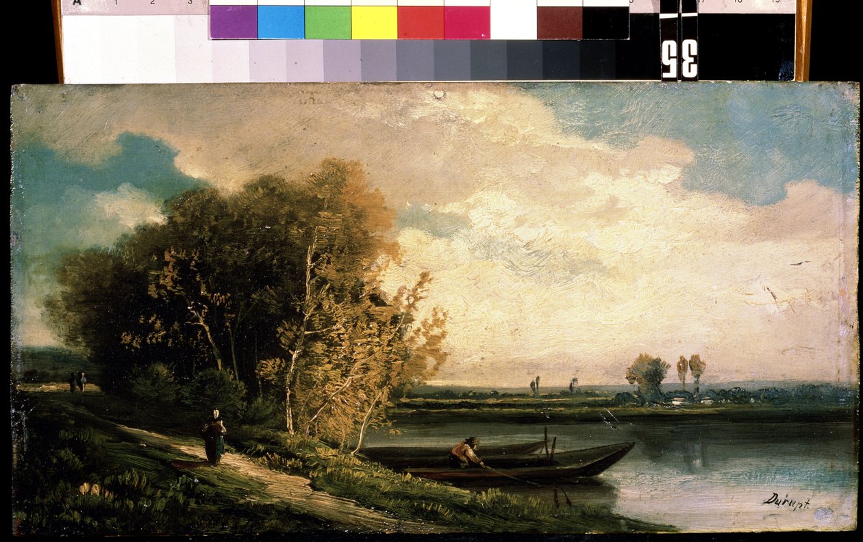 "La berge" (الساحل) منظر طبيعي على ضفاف النهر مع صياد وامرأة فلاحة. لوحة تشارلز بارتيليمي جان دوروبت (1804-1838) متحف ميخائيل كروشيتسكي للفنون في القرن التاسع عشر ، سيفاستوبول (سيفاستوبول) أوكرانيا بواسطة تشارلز بارتيليمي دوروبت