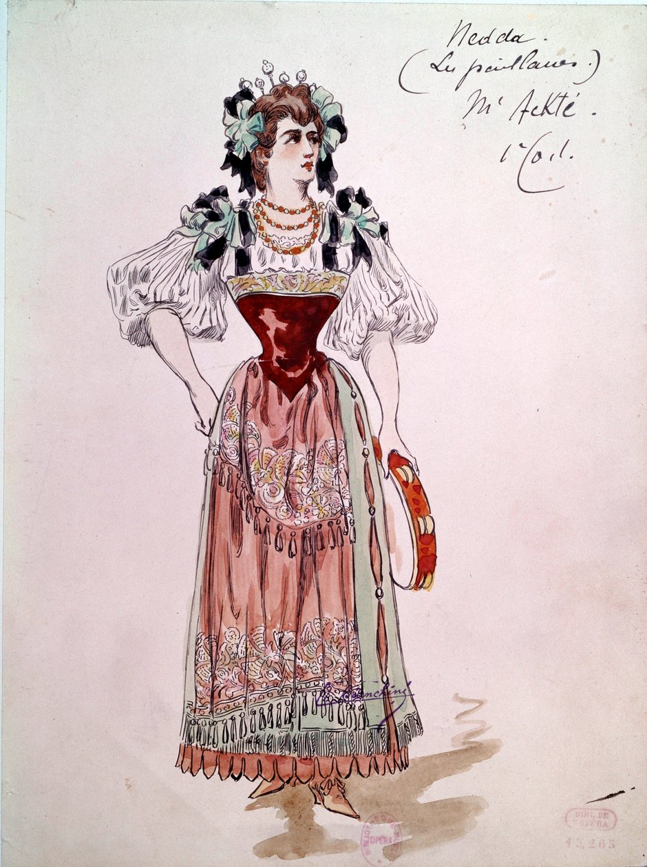 زي Nedda أو الكولومبي لأوبرا "Paillasse" (pagliacci ، المهرجون) بواسطة Ruggero Leoncavallo (1857-1919) من عام 1892. لوحة مائية من تأليف Charles Bianchini (1860-1905) بواسطة تشارلز بيانتشيني