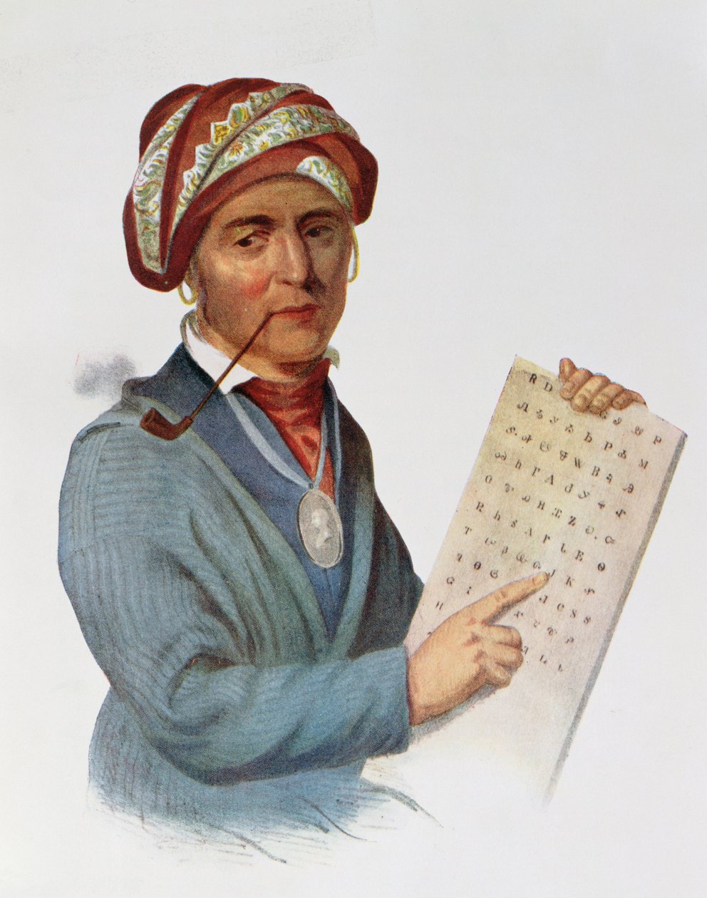 Se-quo-yah أو George Guess ، 1828 ، رسم توضيحي من "القبائل الهندية لأمريكا الشمالية ، المجلد 1" ، بقلم توماس ل. مكيني وجيمس هول ، الحانة. جون جرانت بواسطة تشارلز بيرد كينج