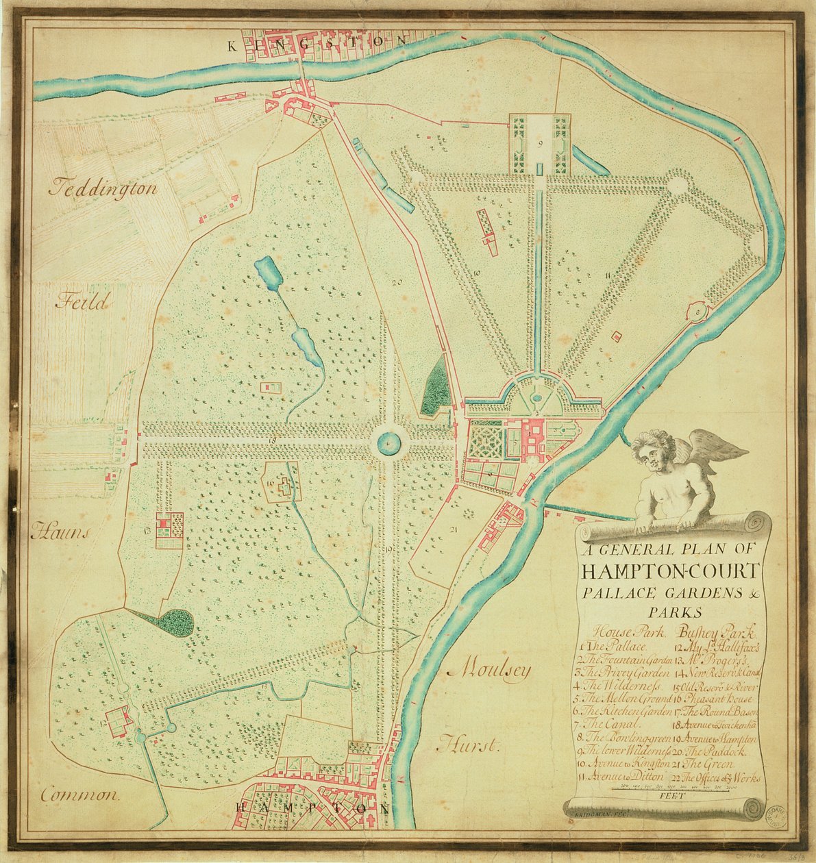 مخطط عام للحدائق والمتنزهات في هامبتون كورت بالاس ، c.1713 (قلم وحبر ومرحاض على ورق) بواسطة تشارلز بريدجمان