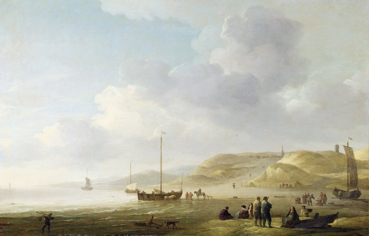 الساحل بالقرب من Scheveningen مع ألوان الصيد الوردية على الشاطئ (زيت على قماش) بواسطة تشارلز بروكينج