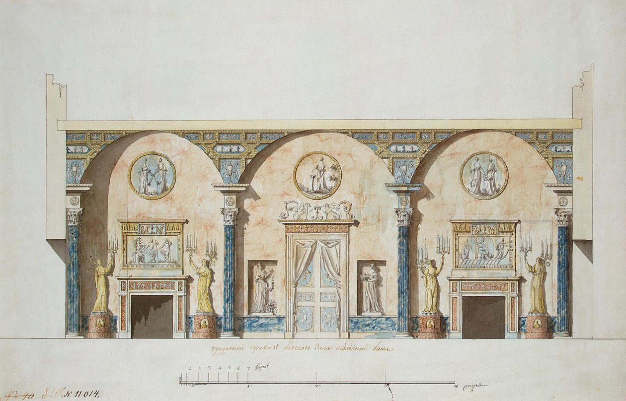 تصميم للقاعة الرئيسية في جناح العقيق في Tsarskoye Selo ، أوائل الثمانينيات من القرن التاسع عشر بواسطة تشارلز كاميرون