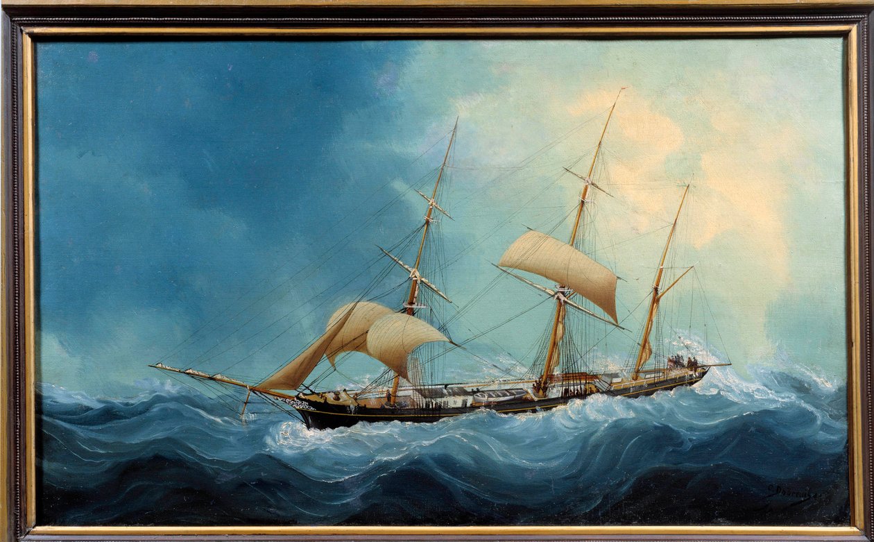 مركب شراعي بثلاثة حواف في رحلة رسم بواسطة Charles Cheri Dubreuil (Cheri-Dubreuil) (1828-1880) 1865 - Fecamp. Musee Des Terre Neuvas - سفينة ذات ثلاثة صواري تهرب. لوحة تشارلز دوبرويل (القرن التاسع عشر) بواسطة تشارلز شيري دوبرويل