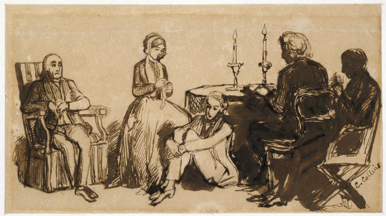 أمسية في بيت كومبس ، 1850-51 (قلم وحبر بني على ورق بني شاحب) بواسطة تشارلز كولينز