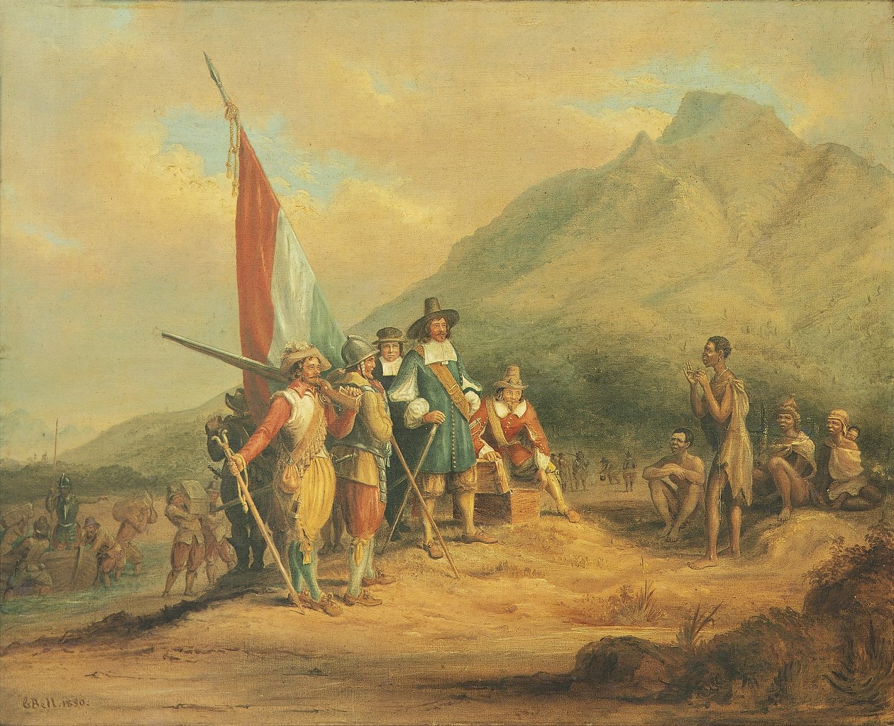 وصول جان فان ريبيك ورجاله إلى رأس الرجاء الصالح في أبريل 1652 بواسطة تشارلز ديفيدسون بيل