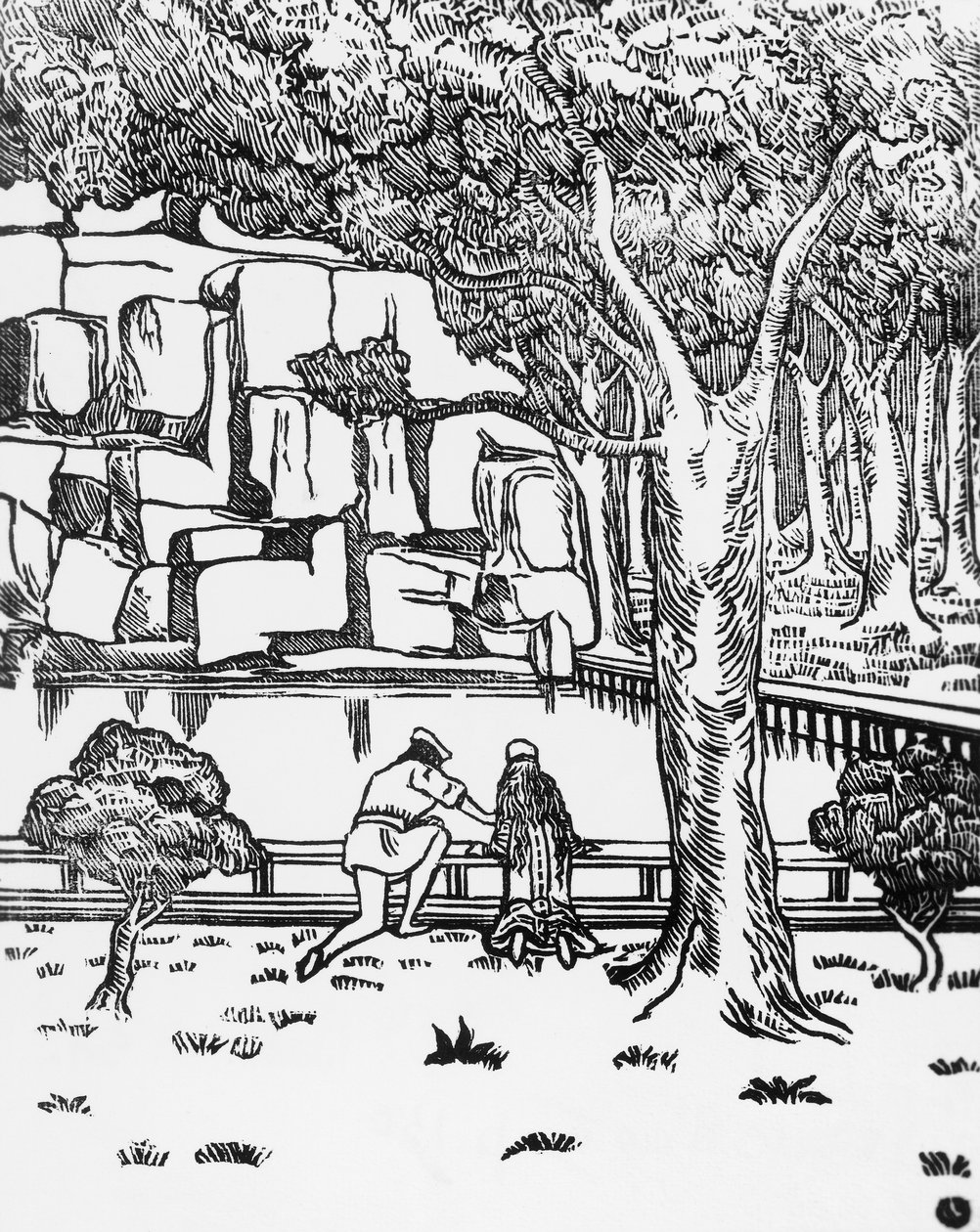 People looking at source, woodcut by Charles Doudelet (1861-1938) for Pelleas and Melisande by Maurice Maeterlinck (1862-1949), published by Claudio Argentieri, Spoleto, Italy بواسطة تشارلز دوديليت