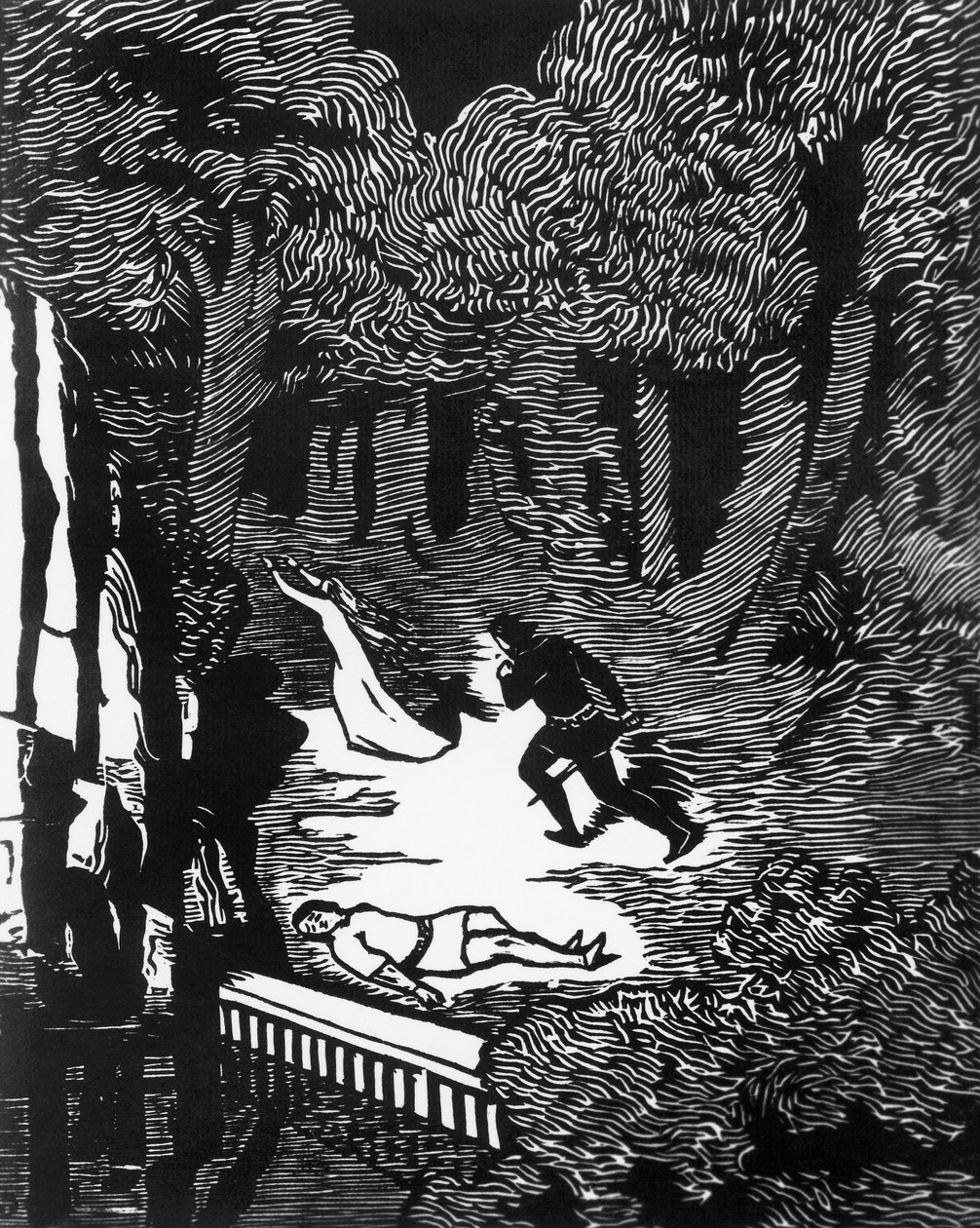Woodcut by Charles Doudelet (1861-1938) for Pelleas and Melisande by Maurice Maeterlinck (1862-1949), published by Claudio Argentieri, Spoleto, Italy بواسطة تشارلز دوديليت