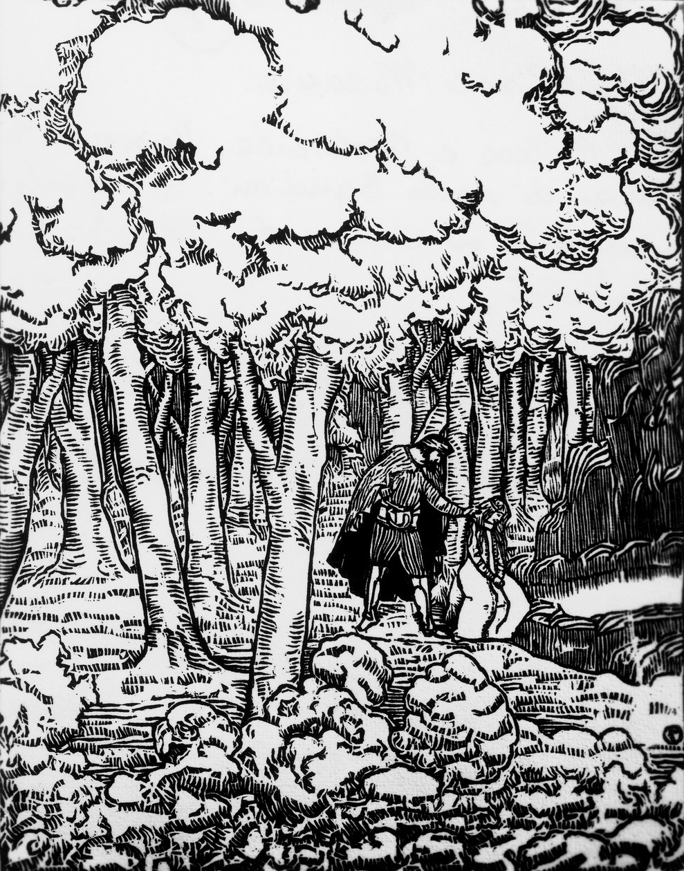 Woodcut by Charles Doudelet (1861-1938) for Pelleas and Melisande by Maurice Maeterlinck (1862-1949), published by Claudio Argentieri, Spoleto, Italy بواسطة تشارلز دوديليت